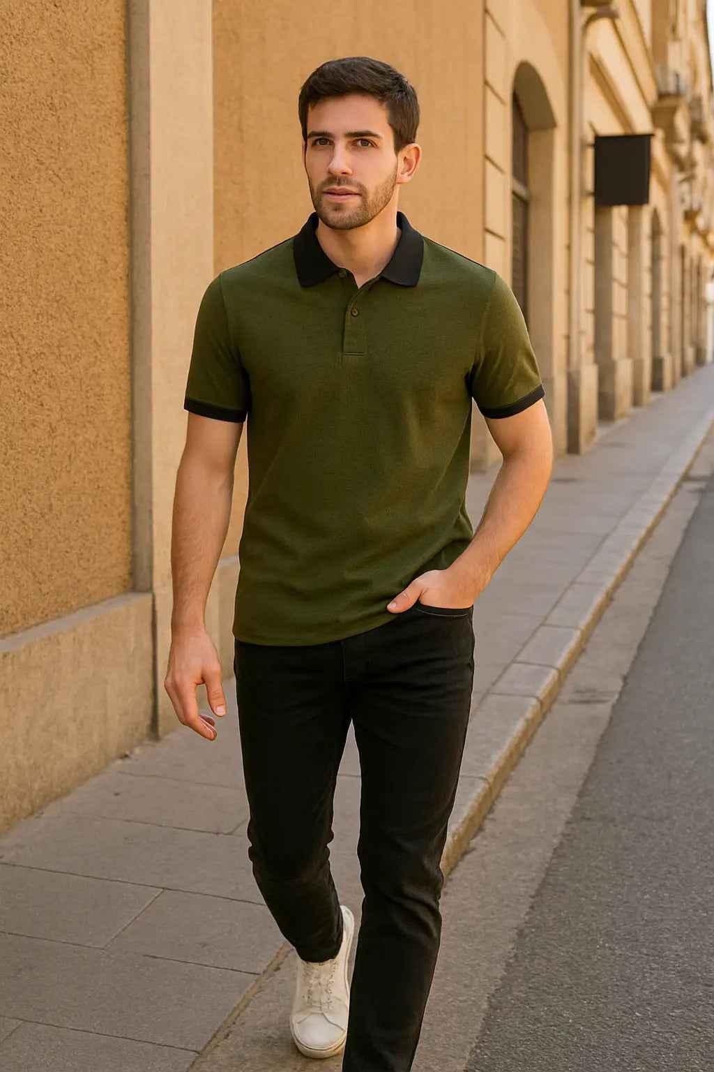 Olive Green Men’s Polo Shirt with Black Accents – Casual & Stylish | EW-000460 NOVAPIK