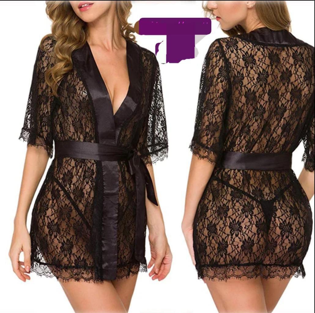 Stylish Black Silk Nightgown Set (2 Pcs)