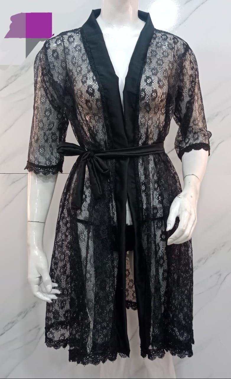 Stylish Black Silk Nightgown Set (2 Pcs) NOVAPIK
