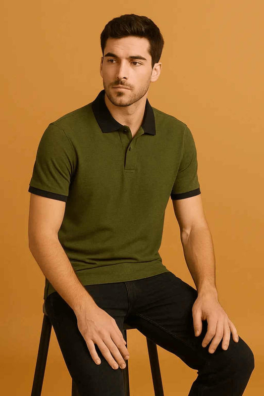 Olive Green Men’s Polo Shirt with Black Accents – Casual & Stylish | EW-000460 NOVAPIK